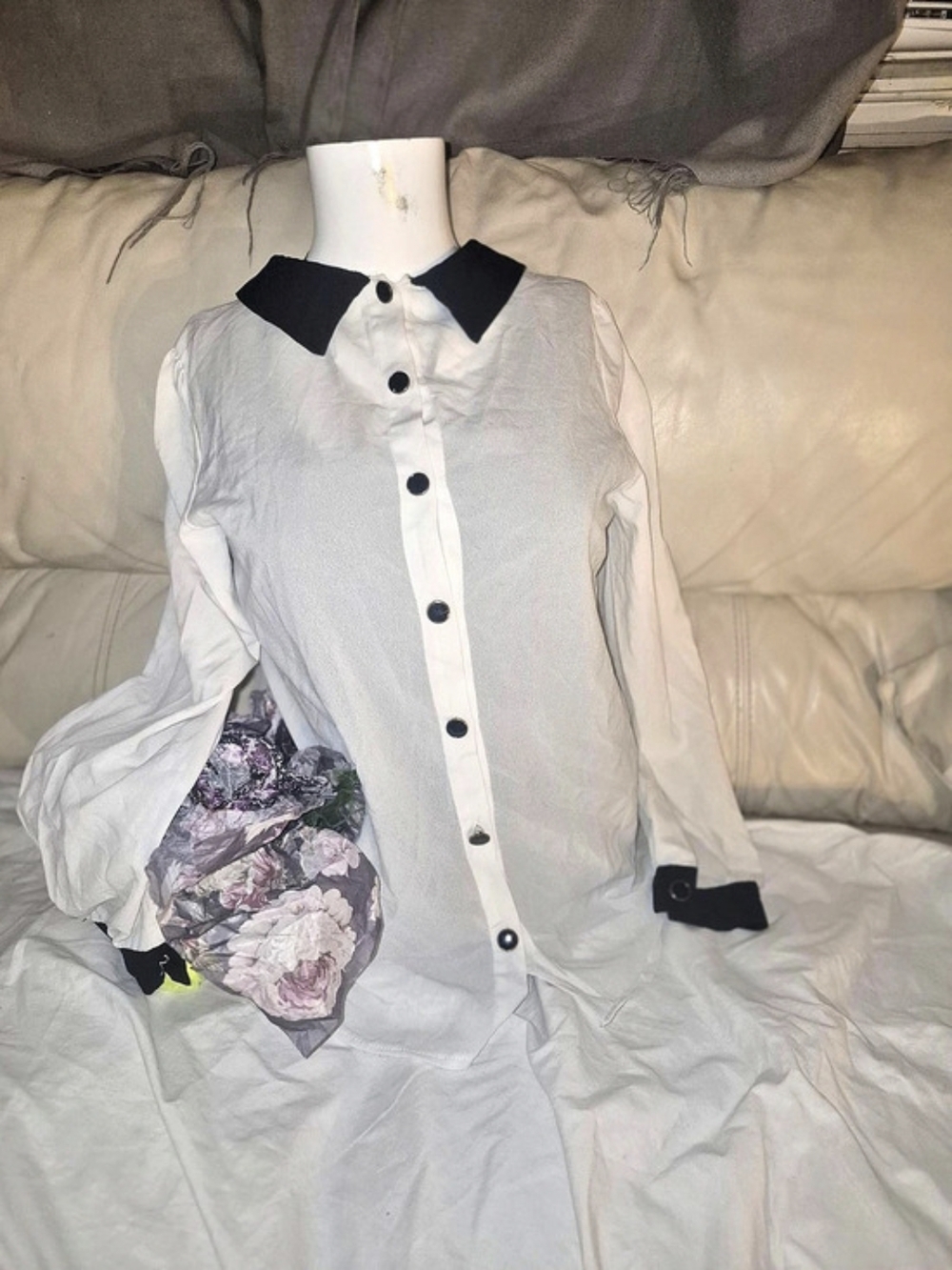 White & Black Floral Button Down Blouse